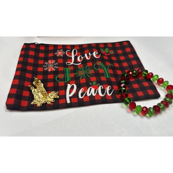 Christmas-Themed Love & Peace Zippered Pouch Glass Bead Bracelet & Candle Brooch - Picture 2 of 3